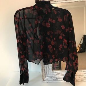 Zara Cropped Chiffon Floral Turtleneck